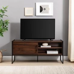 48 in. Dark Walnut Wood and Metal Modern Box-Leg TV Stand with Sliding Door for TVs Up to 50 in. by Welwick Designs -Deals Welwick Designs Store dark walnut welwick designs tv stands hd9363 31 1000