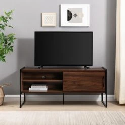 48 in. Dark Walnut Wood and Metal Modern Box-Leg TV Stand with Sliding Door for TVs Up to 50 in. by Welwick Designs