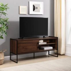 48 in. Dark Walnut Wood and Metal Modern Box-Leg TV Stand with Sliding Door for TVs Up to 50 in. by Welwick Designs -Deals Welwick Designs Store dark walnut welwick designs tv stands hd9363 fa 1000