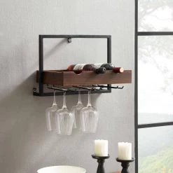 3-Bottle Dark Walnut Wood and Metal Wall Mounted Wine Bottle and Stemware Rack by Welwick Designs -Deals Welwick Designs Store dark walnut welwick designs wine racks hd8668 1f 1000