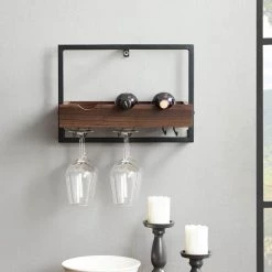 3-Bottle Dark Walnut Wood and Metal Wall Mounted Wine Bottle and Stemware Rack by Welwick Designs -Deals Welwick Designs Store dark walnut welwick designs wine racks hd8668 31 1000