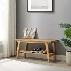 English Ash Wooden Scandinavian Bench with Lower Shelf by Welwick Designs -Deals Welwick Designs Store english ash welwick designs dining benches hd9448 31 1000