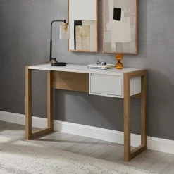 46" Fluted Drawer Composite Writing Desk - English Oak/Solid White by Welwick Designs