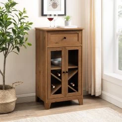English Oak Wood and Glass Classic Bar Cabinet with Bottle Storage by Welwick Designs