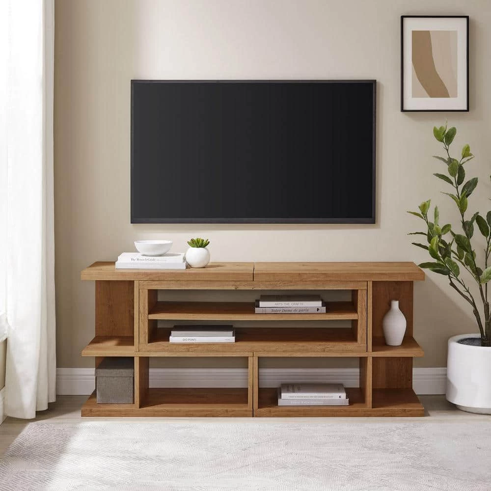 55-78 in. English Oak Wood Modern Adjustable TV Stand for TVs Up to 82 in. by Welwick Designs 14 55-78 in. English Oak Wood Modern Adjustable TV Stand for TVs Up to 82 in. by Welwick Designs - Image 14