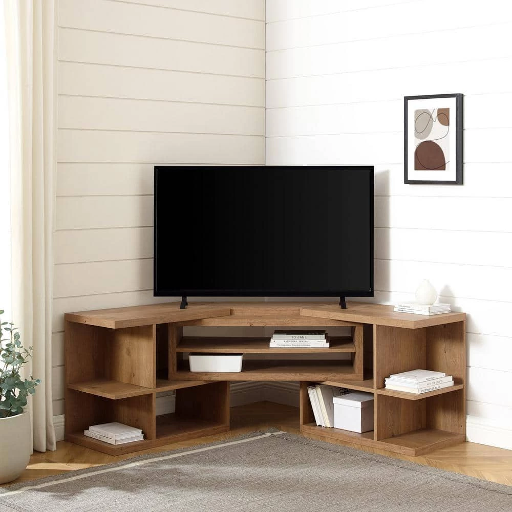 55-78 in. English Oak Wood Modern Adjustable TV Stand for TVs Up to 82 in. by Welwick Designs 9 55-78 in. English Oak Wood Modern Adjustable TV Stand for TVs Up to 82 in. by Welwick Designs - Image 9