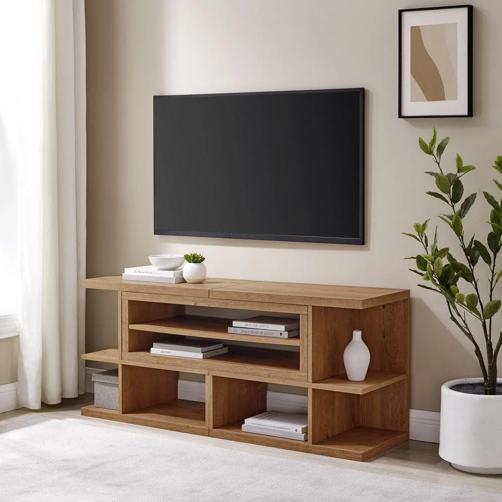 55-78 in. English Oak Wood Modern Adjustable TV Stand for TVs Up to 82 in. by Welwick Designs 8 55-78 in. English Oak Wood Modern Adjustable TV Stand for TVs Up to 82 in. by Welwick Designs - Image 8