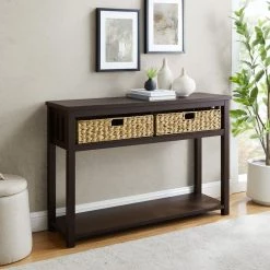 47.5 in. Espresso Rectangle Composite Wood Mission Style Storage Console Table with 2-PVC Rattan Baskets by Welwick Designs -Deals Welwick Designs Store espresso welwick designs console tables hd8878 31 1000