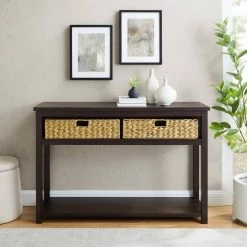 47.5 in. Espresso Rectangle Composite Wood Mission Style Storage Console Table with 2-PVC Rattan Baskets by Welwick Designs