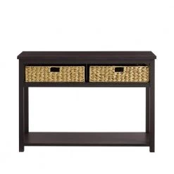 47.5 in. Espresso Rectangle Composite Wood Mission Style Storage Console Table with 2-PVC Rattan Baskets by Welwick Designs -Deals Welwick Designs Store espresso welwick designs console tables hd8878 77 1000