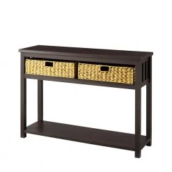 47.5 in. Espresso Rectangle Composite Wood Mission Style Storage Console Table with 2-PVC Rattan Baskets by Welwick Designs -Deals Welwick Designs Store espresso welwick designs console tables hd8878 a0 1000