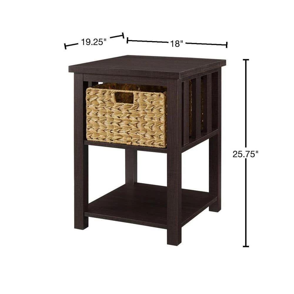 18 in. Espresso Wood Mission Style Storage Side Table with 1-PVC Rattan Basket by Welwick Designs 3 18 in. Espresso Wood Mission Style Storage Side Table with 1-PVC Rattan Basket by Welwick Designs - Image 3