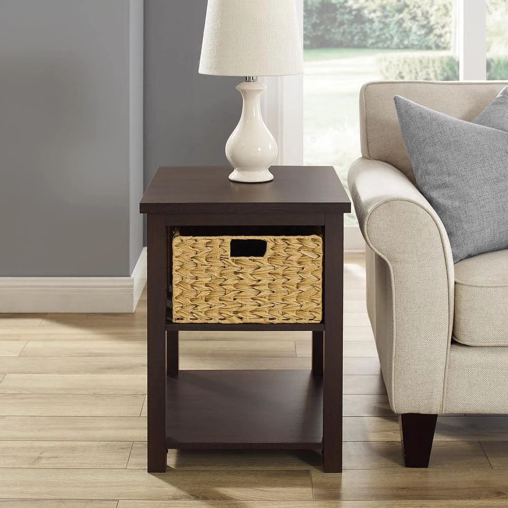 18 in. Espresso Wood Mission Style Storage Side Table with 1-PVC Rattan Basket by Welwick Designs 1 18 in. Espresso Wood Mission Style Storage Side Table with 1-PVC Rattan Basket by Welwick Designs
