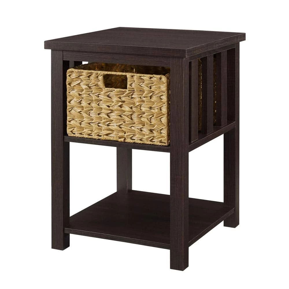 18 in. Espresso Wood Mission Style Storage Side Table with 1-PVC Rattan Basket by Welwick Designs 4 18 in. Espresso Wood Mission Style Storage Side Table with 1-PVC Rattan Basket by Welwick Designs - Image 4