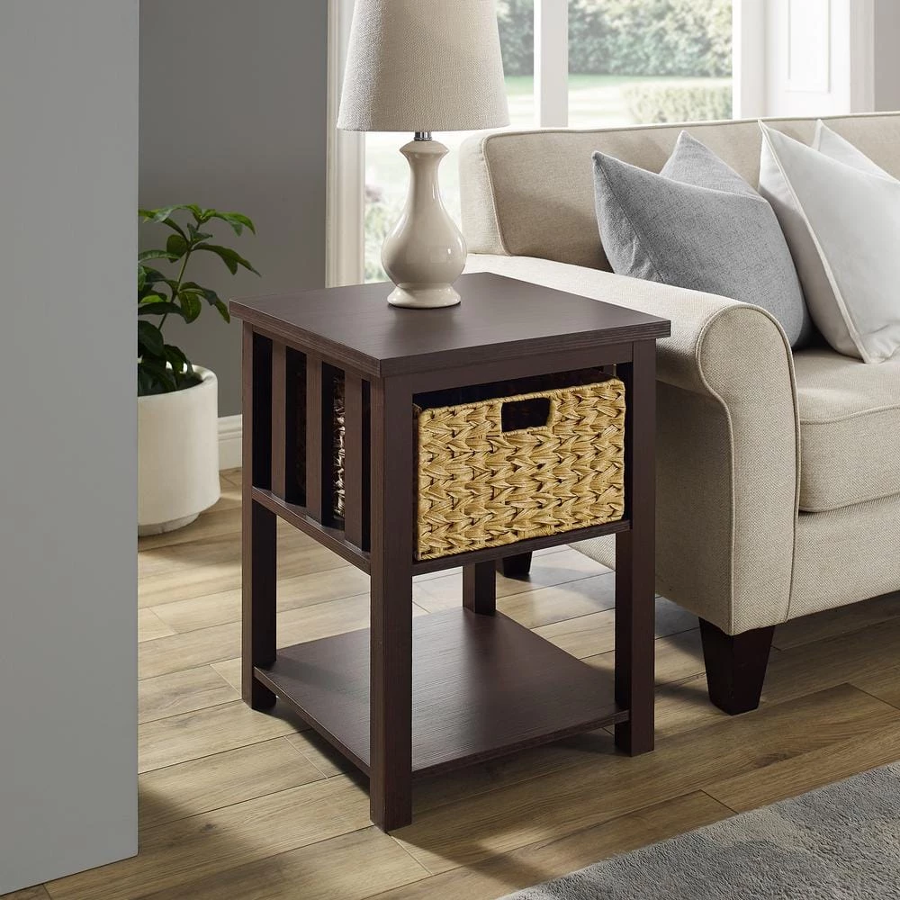18 in. Espresso Wood Mission Style Storage Side Table with 1-PVC Rattan Basket by Welwick Designs 2 18 in. Espresso Wood Mission Style Storage Side Table with 1-PVC Rattan Basket by Welwick Designs - Image 2