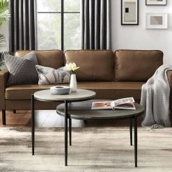 Faux Light Grey Marble and Cerused Ash Wood and Metal Tiered Coffee Table by Welwick Designs