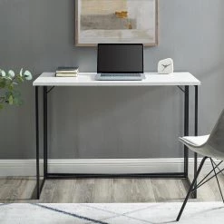 Rectangle 42 in. Faux White Marble Wood and Metal Modern Y-Leg Writing Desk by Welwick Designs
