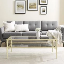 42 in. Gold Metal and Glass 2-Tier Modern Coffee Table by Welwick Designs