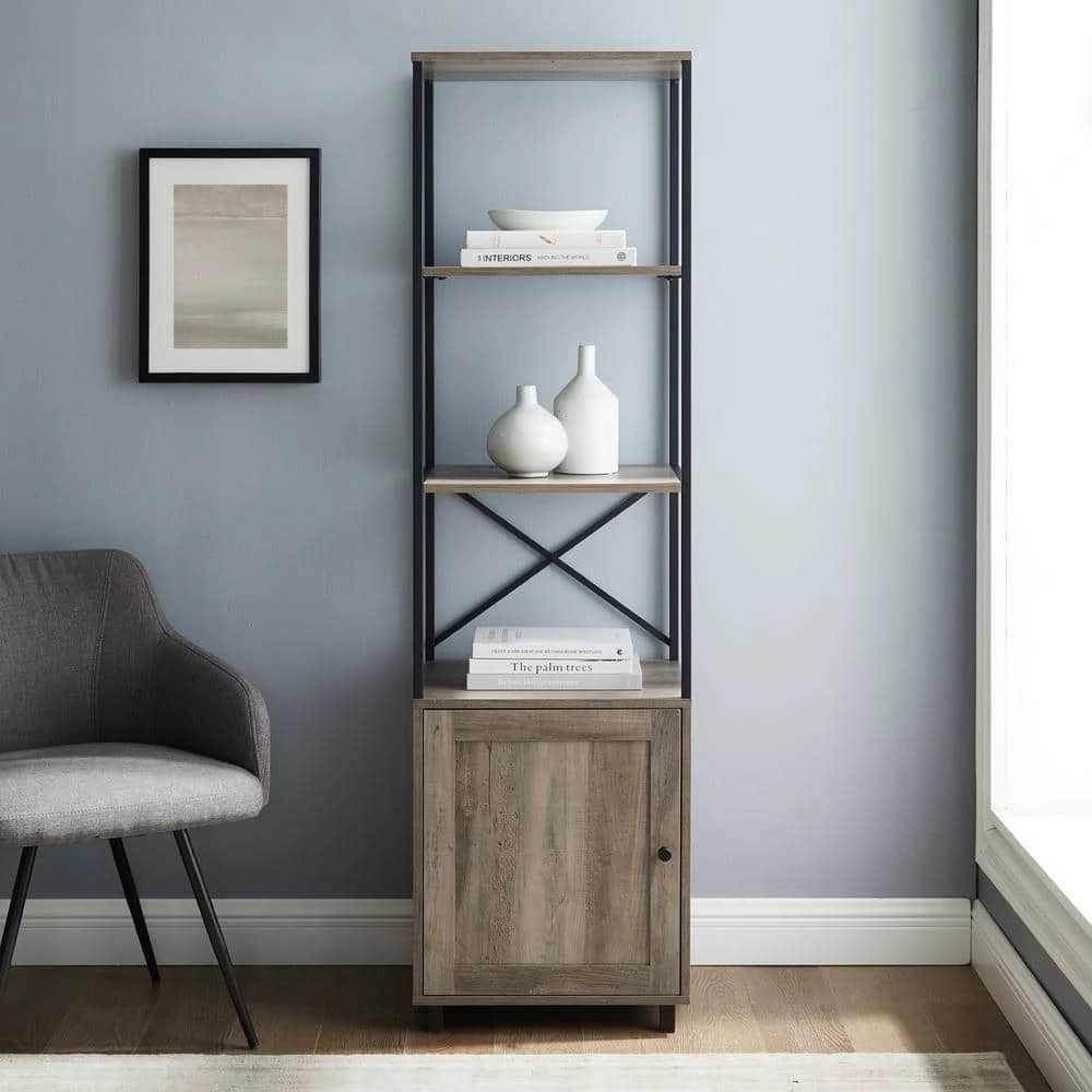 64 in. Gray Wash Wood and Metal 3-Shelf Accent Bookcase with 1-Door by Welwick Designs 9 64 in. Gray Wash Wood and Metal 3-Shelf Accent Bookcase with 1-Door by Welwick Designs - Image 9