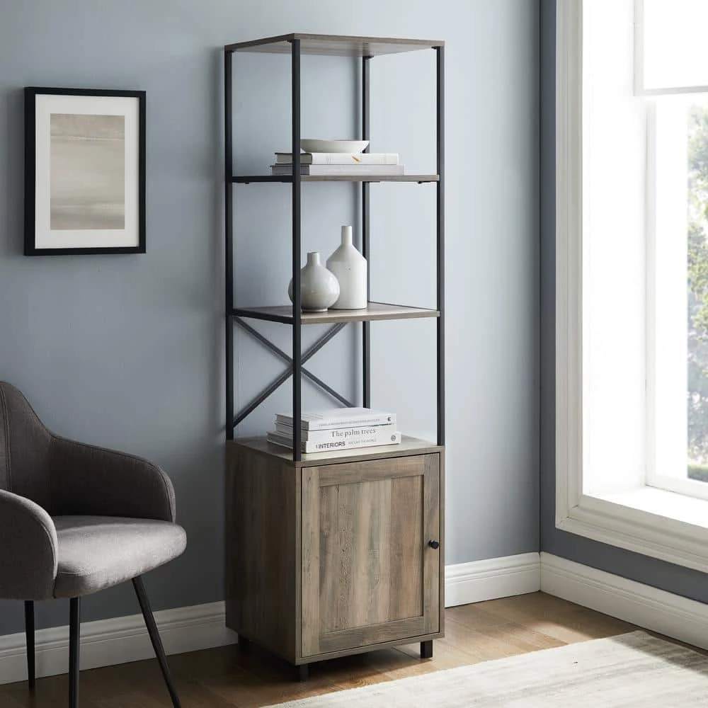 64 in. Gray Wash Wood and Metal 3-Shelf Accent Bookcase with 1-Door by Welwick Designs 1 64 in. Gray Wash Wood and Metal 3-Shelf Accent Bookcase with 1-Door by Welwick Designs
