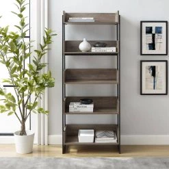 64 in. Gray Wash Wood and Metal 5-Shelf Bookcase by Welwick Designs