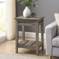 15.75 in. Grey Wash Wood Farmhouse Side Table with Lower Plank Shelf by Welwick Designs -Deals Welwick Designs Store gray wash welwick designs end side tables hd8763 31 1000