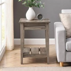 15.75 in. Grey Wash Wood Farmhouse Side Table with Lower Plank Shelf by Welwick Designs