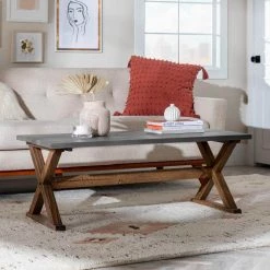 48 in. Grey and Brown Solid Wood Distressed Farmhouse Trestle Coffee Table by Welwick Designs