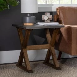 22 in. Grey and Brown Solid Wood Distressed Farmhouse Trestle Side Table by Welwick Designs -Deals Welwick Designs Store grey and brown welwick designs end side tables hd8766 31 1000