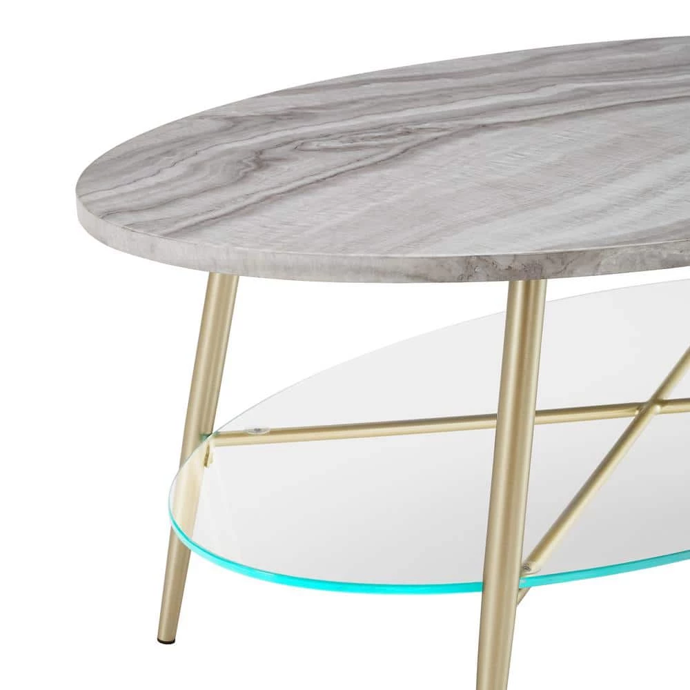42 in. Grey Faux Marble Wood and Gold Metal Glam Oval Coffee Table with Lower Glass Shelf by Welwick Designs 5 42 in. Grey Faux Marble Wood and Gold Metal Glam Oval Coffee Table with Lower Glass Shelf by Welwick Designs - Image 5