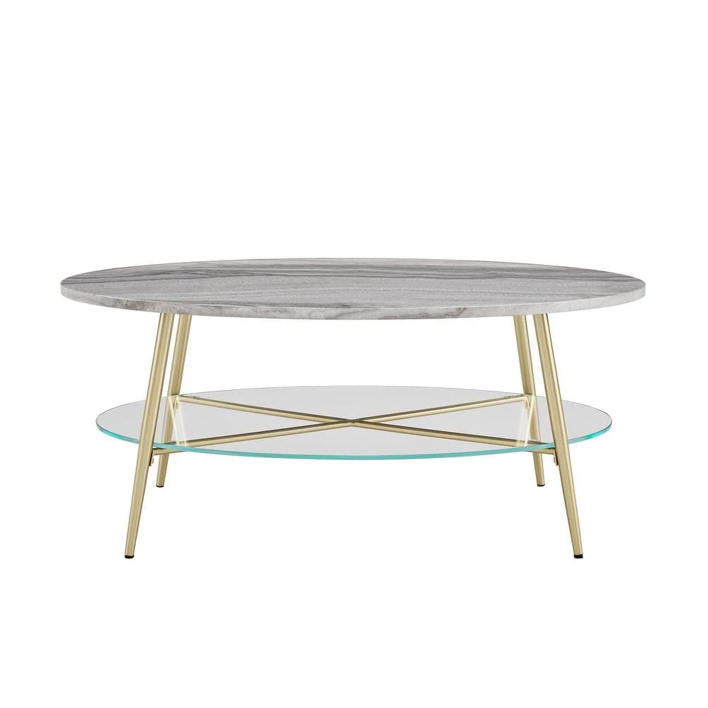 42 in. Grey Faux Marble Wood and Gold Metal Glam Oval Coffee Table with Lower Glass Shelf by Welwick Designs 6 42 in. Grey Faux Marble Wood and Gold Metal Glam Oval Coffee Table with Lower Glass Shelf by Welwick Designs - Image 6