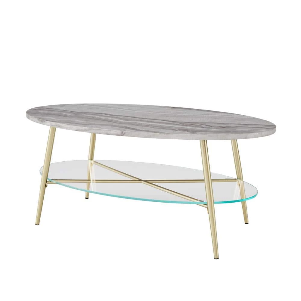 42 in. Grey Faux Marble Wood and Gold Metal Glam Oval Coffee Table with Lower Glass Shelf by Welwick Designs 7 42 in. Grey Faux Marble Wood and Gold Metal Glam Oval Coffee Table with Lower Glass Shelf by Welwick Designs - Image 7
