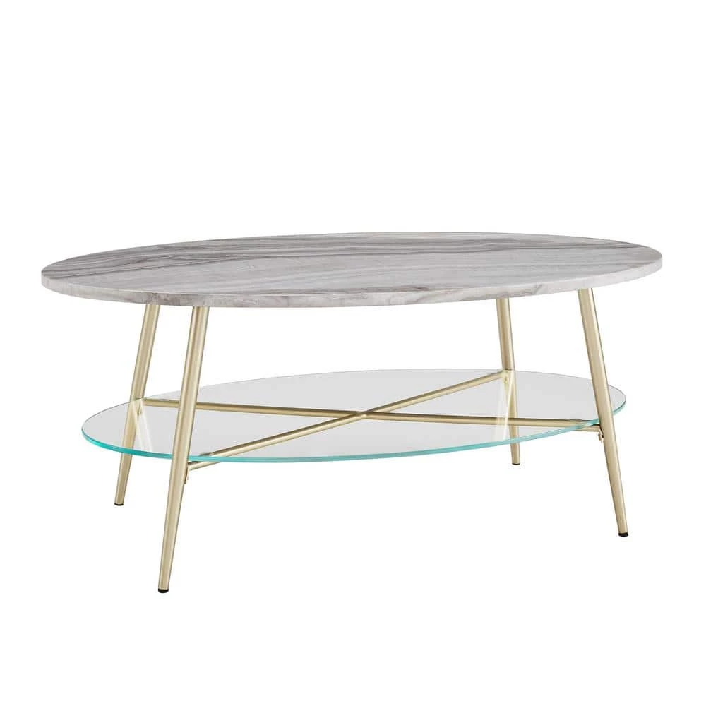 42 in. Grey Faux Marble Wood and Gold Metal Glam Oval Coffee Table with Lower Glass Shelf by Welwick Designs 4 42 in. Grey Faux Marble Wood and Gold Metal Glam Oval Coffee Table with Lower Glass Shelf by Welwick Designs - Image 4