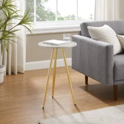 15.75 in.Grey Faux Marble/Gold Faux Round Wood Minimalist End Table with Tripod Legs by Welwick Designs