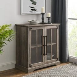 Grey Wash Wood and Glass Window Pane Rustic Farmhouse Accent Cabinet by Welwick Designs