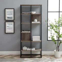 70 in. Grey Wash Wood and Metal Industrial 5-Shelf Accent Bookcase by Welwick Designs