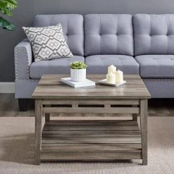 30 in. Grey Wash Wood Farmhouse Coffee Table with Lower Plank Shelf by Welwick Designs