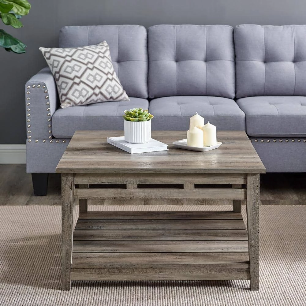 30 in. Grey Wash Wood Farmhouse Coffee Table with Lower Plank Shelf by Welwick Designs 1 30 in. Grey Wash Wood Farmhouse Coffee Table with Lower Plank Shelf by Welwick Designs