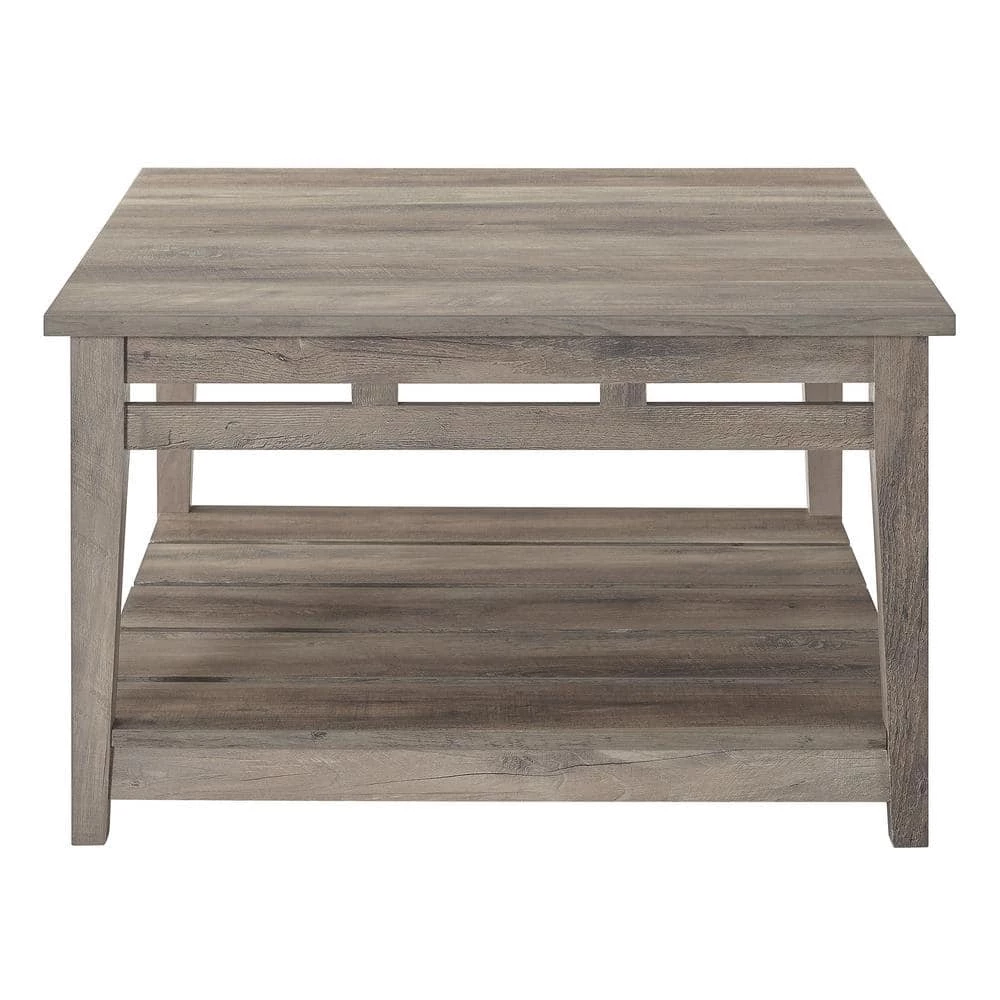 30 in. Grey Wash Wood Farmhouse Coffee Table with Lower Plank Shelf by Welwick Designs 6 30 in. Grey Wash Wood Farmhouse Coffee Table with Lower Plank Shelf by Welwick Designs - Image 6