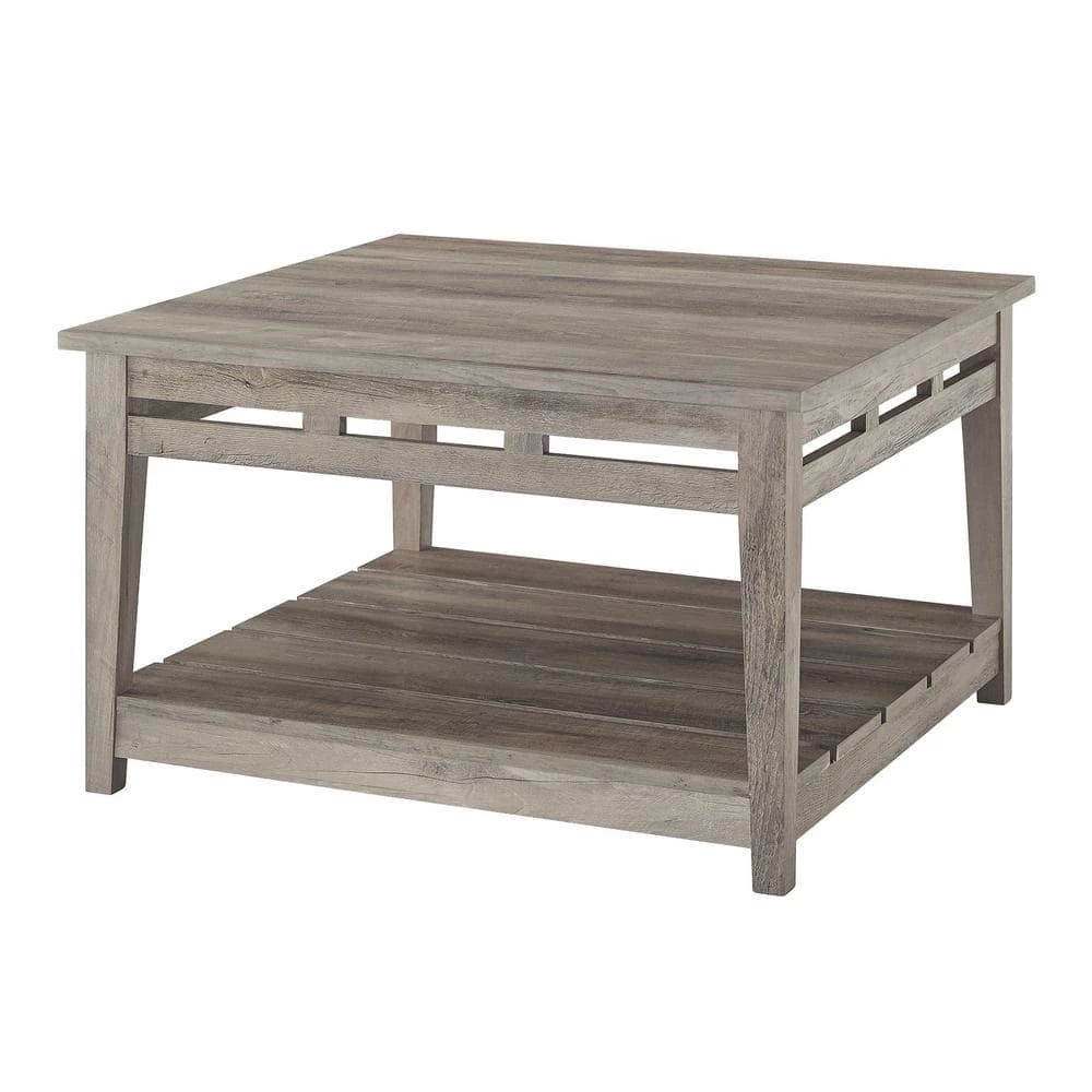 30 in. Grey Wash Wood Farmhouse Coffee Table with Lower Plank Shelf by Welwick Designs 7 30 in. Grey Wash Wood Farmhouse Coffee Table with Lower Plank Shelf by Welwick Designs - Image 7