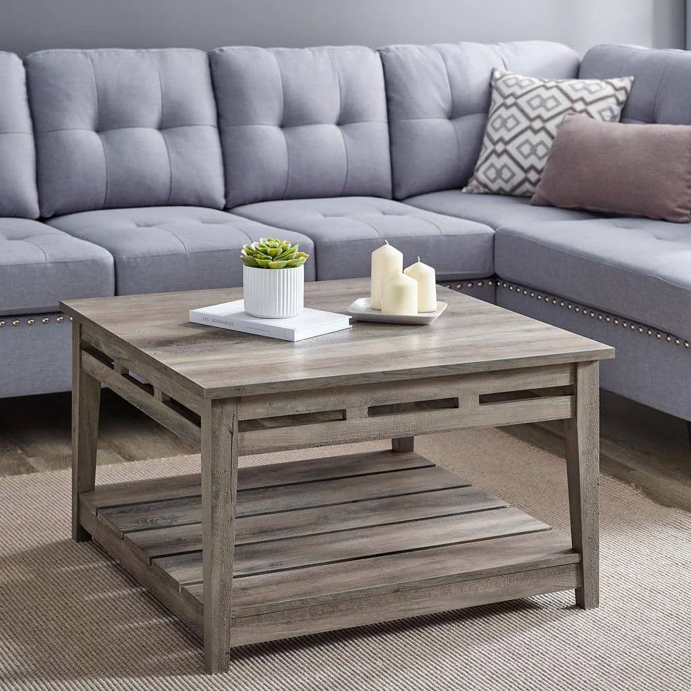 30 in. Grey Wash Wood Farmhouse Coffee Table with Lower Plank Shelf by Welwick Designs 2 30 in. Grey Wash Wood Farmhouse Coffee Table with Lower Plank Shelf by Welwick Designs - Image 2