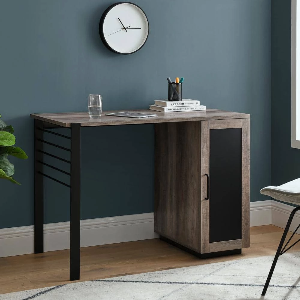 42 in. Rectangular Grey Wash Wood and Metal Modern 2 Drawer Reversible Computer Desk with Chalkboard Door by Welwick Designs 7 42 in. Rectangular Grey Wash Wood and Metal Modern 2 Drawer Reversible Computer Desk with Chalkboard Door by Welwick Designs - Image 7