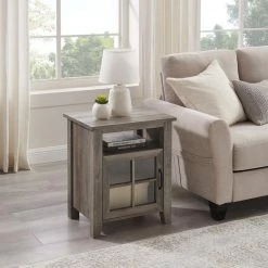 20 in. Grey Wash Rectangle Wood Transitional End Table with Windowpane Cabinet by Welwick Designs -Deals Welwick Designs Store grey wash welwick designs end side tables hd9297 31 1000