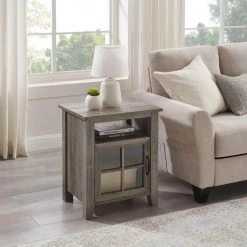 20 in. Grey Wash Rectangle Wood Transitional End Table with Windowpane Cabinet by Welwick Designs