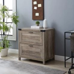 Grey Wash Wood and Metal Farmhouse 2-Drawer Bracket-Detail File Cabinet by Welwick Designs