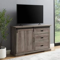 Grey Wash Wood Sideboard with Sliding Grooved Door by Welwick Designs