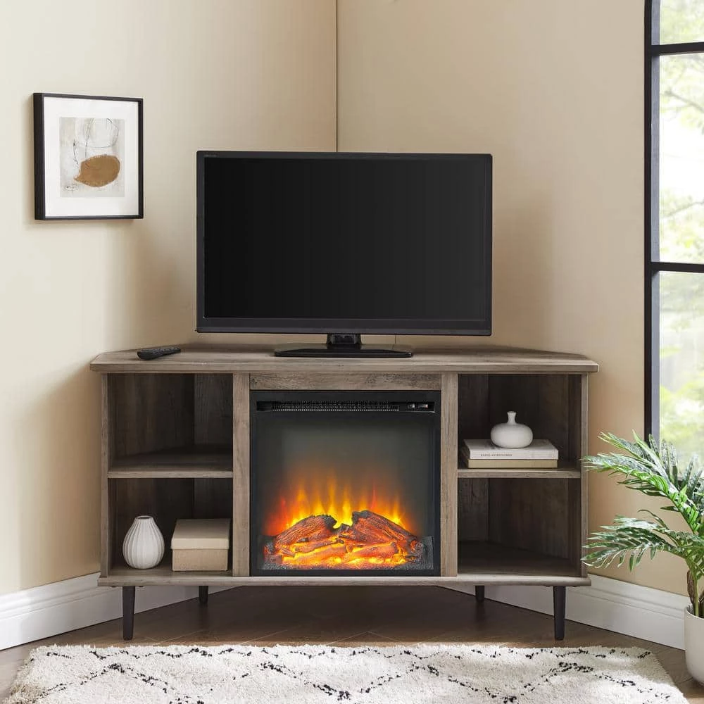 48 in. Grey Wash Wood Corner TV Stand Fits TVs up to 55 in. with Fireplace Insert by Welwick Designs 2 48 in. Grey Wash Wood Corner TV Stand Fits TVs up to 55 in. with Fireplace Insert by Welwick Designs - Image 2