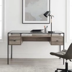 56 in. Grey Wash Rectangular 2 -Drawer Writing Desk with Glass Top by Welwick Designs -Deals Welwick Designs Store grey wash welwick designs writing desks hd8439 31 1000
