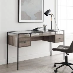 56 in. Grey Wash Rectangular 2 -Drawer Writing Desk with Glass Top by Welwick Designs -Deals Welwick Designs Store grey wash welwick designs writing desks hd8439 76 1000