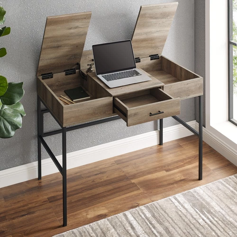 42 in. Rectangle Grey Wash Wood and Metal 1-Drawer Lift-Top Computer Desk with Media Stand by Welwick Designs 2 42 in. Rectangle Grey Wash Wood and Metal 1-Drawer Lift-Top Computer Desk with Media Stand by Welwick Designs - Image 2